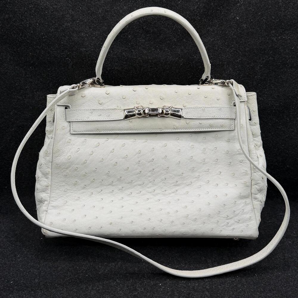 House of Borel Maiden Lane Ostrich Turn Lock The Kelly Hand Bag White